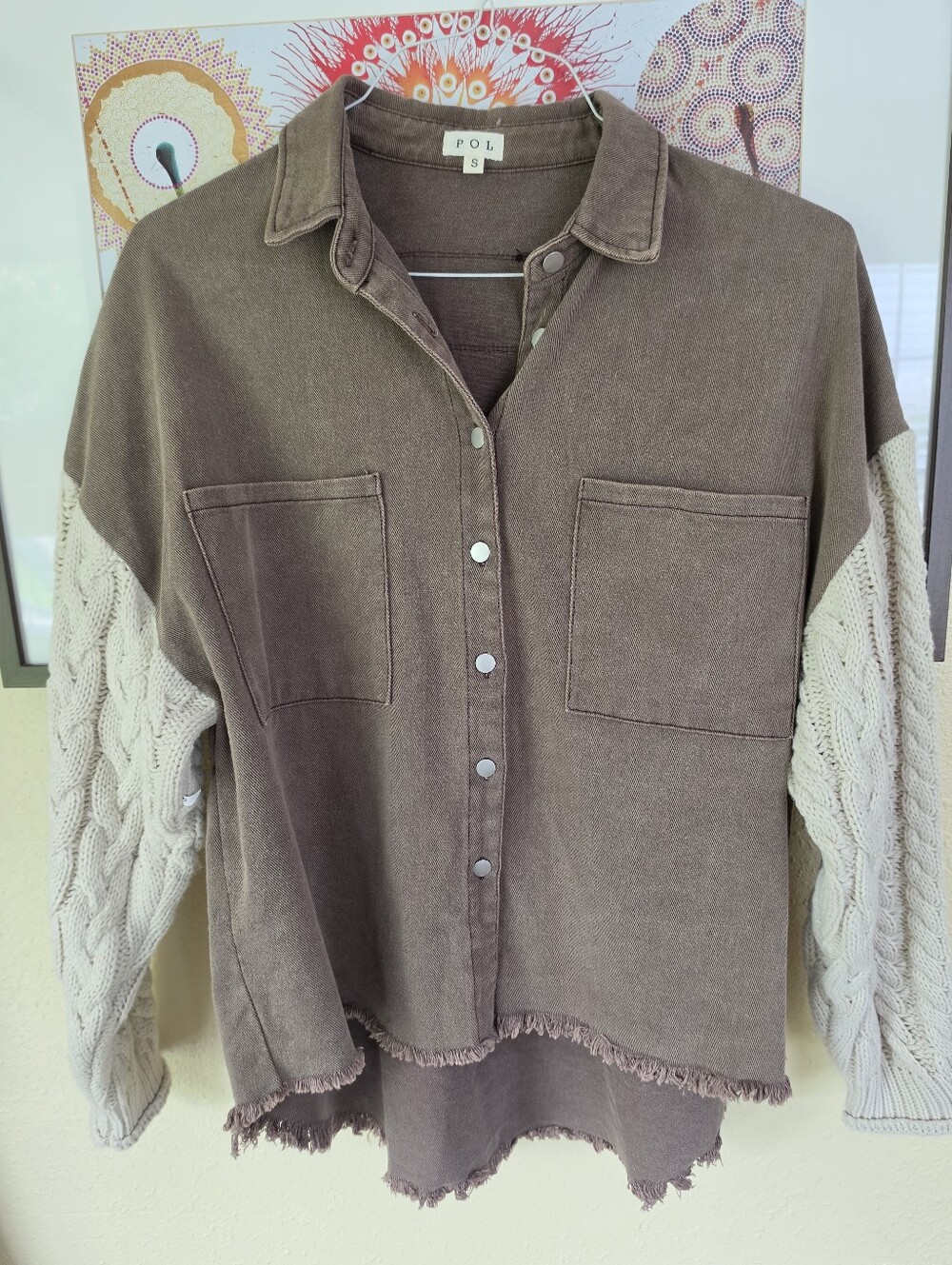 POL Cable Knit Sleeve Shacket Chocolate & Cream Small - Picture 5 of 16